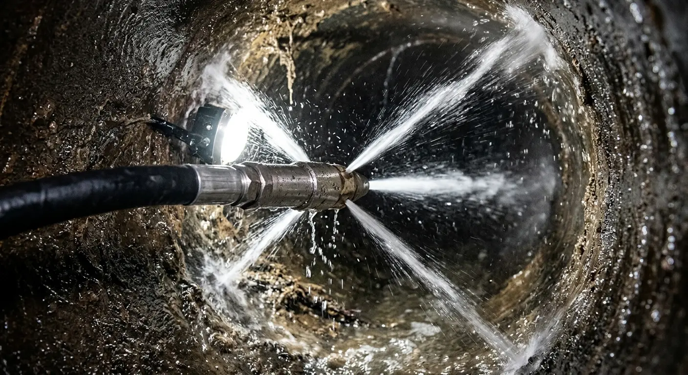 High-pressure hydro jetting nozzle cleaning sewer pipe for Trenchless Sewer Repair in Rockport