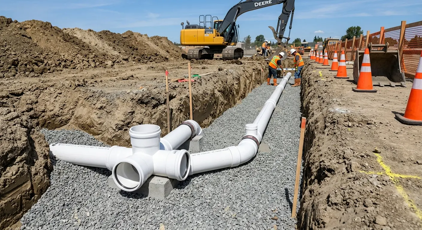 New PVC sewer pipe installation in open trench for Commercial Drain Cleaning in Rockport