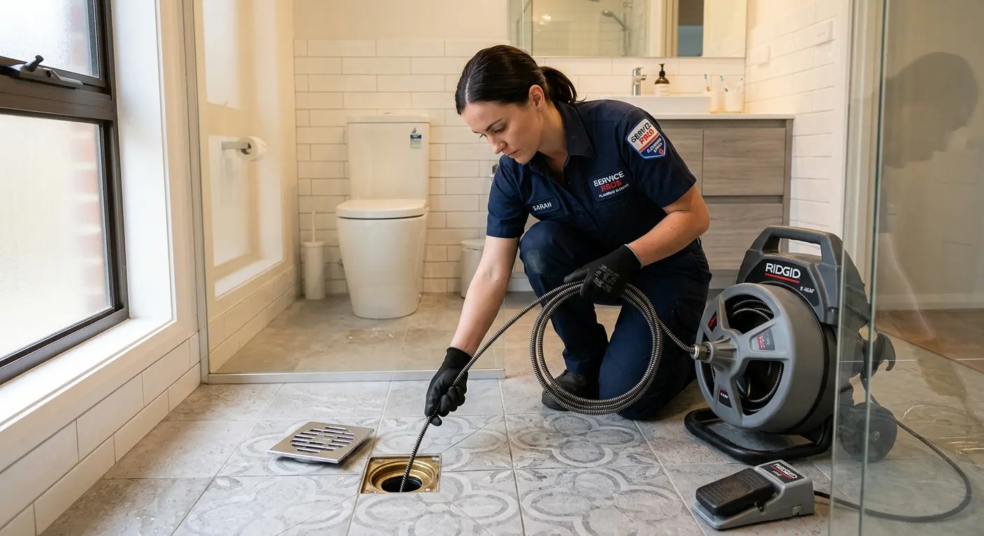 Technician clearing a bathroom floor drain for Clogged Drain Repair in Rockport